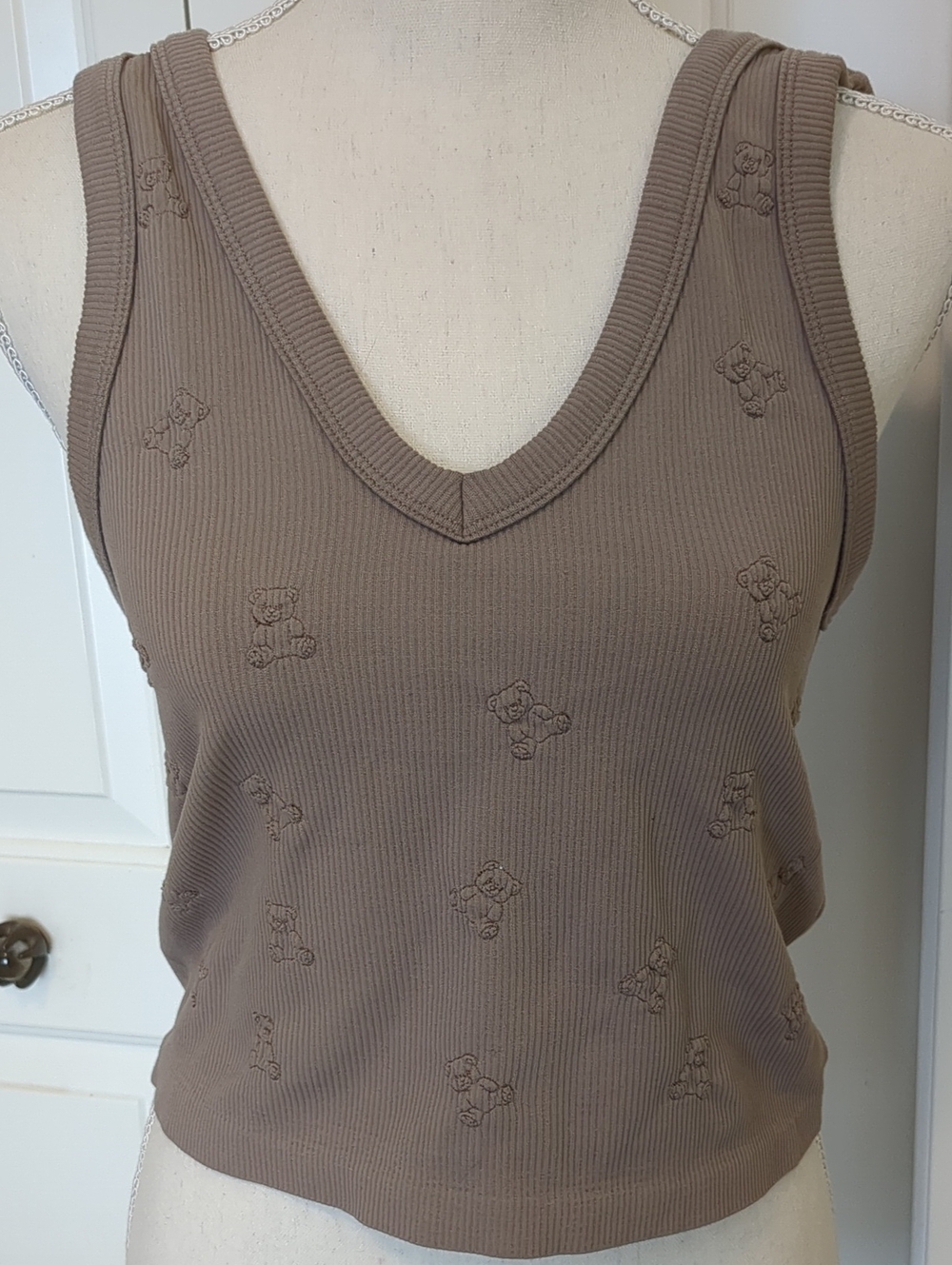 Justify Taupe Ribbed V-Neck Tank with Teddy Embroidery